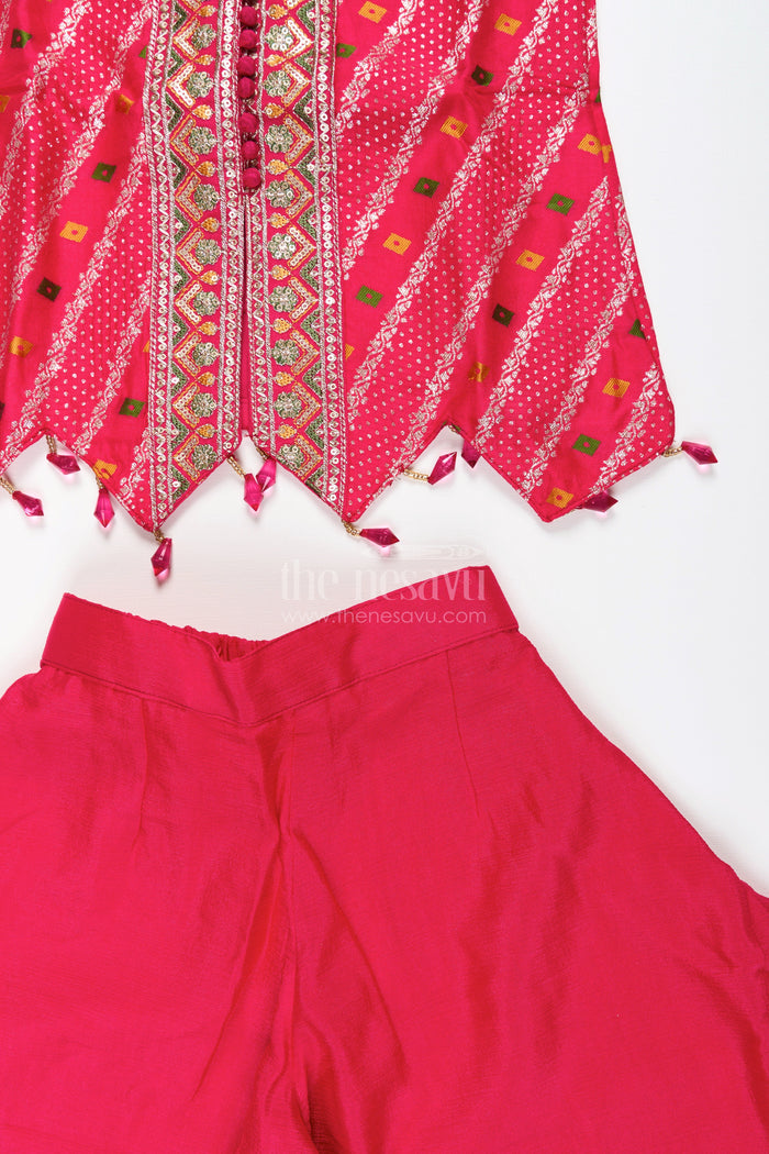 The Nesavu Girls Sharara / Plazo Set Sleeveless flared plazo set with mirror embroidered top – festive ethnic look for girls Nesavu Mirror embroidered plazo set girls  festive ethnic wear Nesavu
