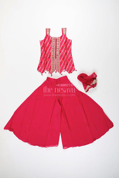 The Nesavu Girls Sharara / Plazo Set Sleeveless flared plazo set with mirror embroidered top – festive ethnic look for girls Nesavu Mirror embroidered plazo set girls  festive ethnic wear Nesavu