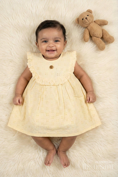 The Nesavu Baby Cotton Frocks Sleeveless Hakoba Frock for Baby Girls with Ruffle Detail for Traditional Moments Nesavu 14 (6M) / Yellow BFJ894C-14 Nesavu baby girl sleeveless hakoba cotton frock with ruffle detail for traditional family outings