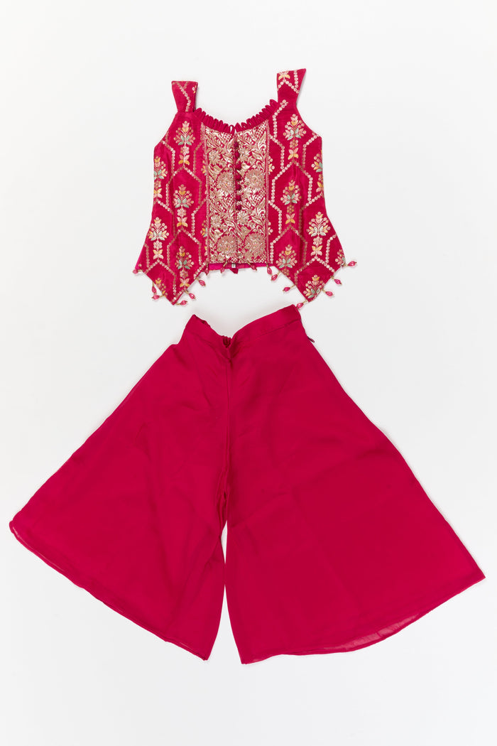The Nesavu Girls Sharara / Plazo Set Sleeveless Plazo Set for Girls with Festive Embroidery and Tassel Detailing Nesavu 18 (2Y) / Pink / Georgette GPS956A-18 Nesavu sleeveless plazo set for girls with embroidered yoke and festive tassel trims – perfect for birthday and temple events