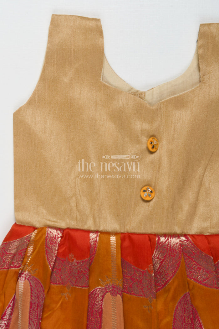 The Nesavu Silk Frock Sleeveless Silk Frock for Baby Girls for Rituals and Family Functions Nesavu 18 (2Y) / Orange SF1103B-18 Nesavu semi Banaras silk frock with raw silk yoke for baby girls – perfect for festive rituals and family gatherings