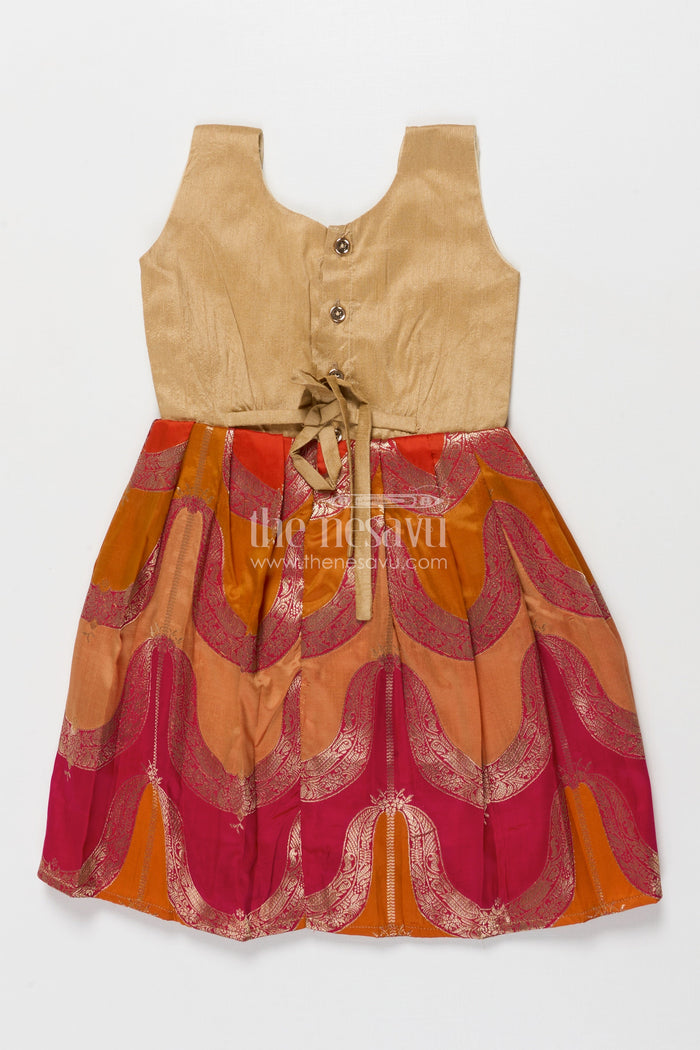 The Nesavu Silk Frock Sleeveless Silk Frock for Baby Girls for Rituals and Family Functions Nesavu 18 (2Y) / Orange SF1103B-18 Nesavu semi Banaras silk frock with raw silk yoke for baby girls – perfect for festive rituals and family gatherings