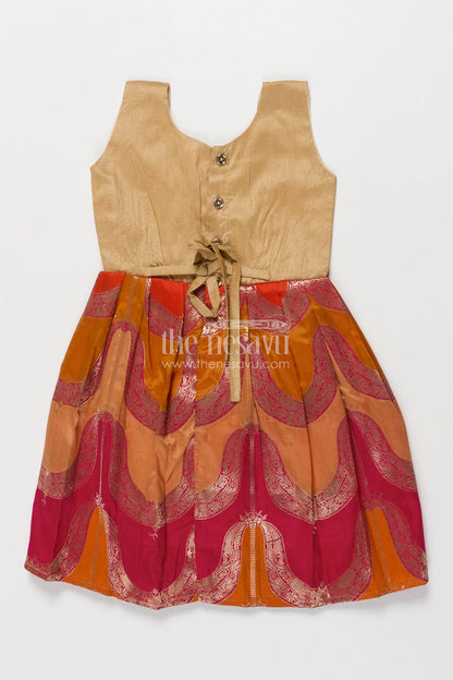 The Nesavu Silk Frock Sleeveless Silk Frock for Baby Girls for Rituals and Family Functions Nesavu 18 (2Y) / Orange SF1103B-18 Nesavu semi Banaras silk frock with raw silk yoke for baby girls – perfect for festive rituals and family gatherings