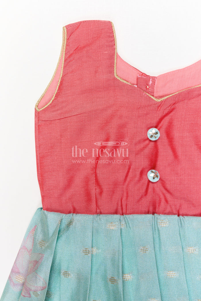 The Nesavu Silk Frock Sleeveless Silk Frock for Baby Girls with Lotus Print for Festive Wear Nesavu Nesavu sleeveless silk frock for baby girls with lotus motif and pleated skirt – perfect for ethnic occasions