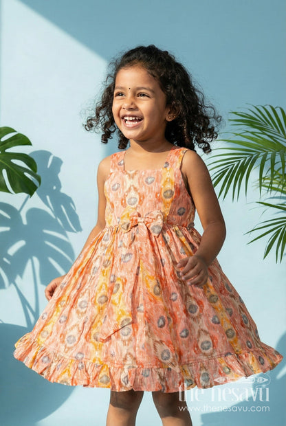 The Nesavu Girls Fancy Frock Soft Modal Silk Frock for Girls in Orange with Digital Peacock-Inspired Print and Flowy Fit Nesavu 18 (2Y) / Yellow GFC1791C-18 Nesavu Soft Modal Silk Frock Girls Orange Peacock Digital Print Ruffled Hem