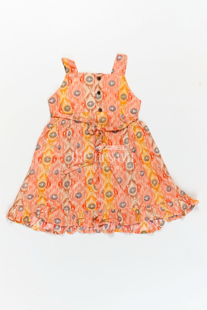 The Nesavu Girls Fancy Frock Soft Modal Silk Frock for Girls in Orange with Digital Peacock-Inspired Print and Flowy Fit Nesavu Nesavu Soft Modal Silk Frock Girls Orange Peacock Digital Print Ruffled Hem