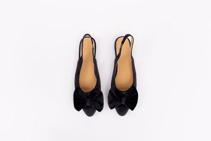Aerial shot of black velvet bow slingback shoes in womens large sizes 8 9 10 11 12