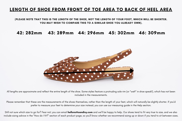 Measurement diagram displaying lengths of womens large size shoes in sizes 42,43,44,45 and 46.