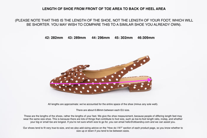 Length diagram of womens flat slingback shoe displaying lengths of sizes 42 43 45 46