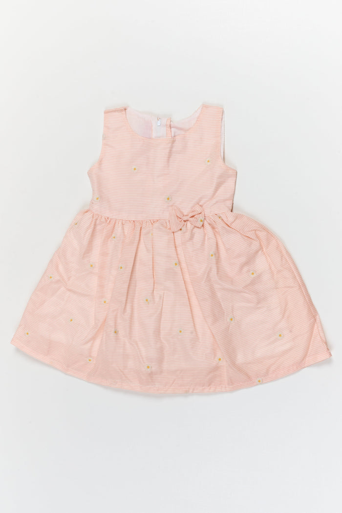 The Nesavu Girls Cotton Frock Striped Cotton Frock with Daisy Embroidery for Sunny Days and Casual Outings Nesavu 20 (3Y) / Half white / Cotton GFC2115A-20 Nesavu striped cotton frock with floral embroidery – ideal for casual wear and daytime events