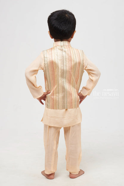 The Nesavu Boys Jacket Sets Sunlit Elegance: Salmon Kurta & Pant with Resham Embroidered Jacket Accent for Boys Nesavu Boys Kurta with Pant Set | Comfortable & Stylish Kids Ethnic Wear | The Nesavu