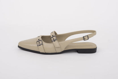 Side shot of womens beige leather flat slingback shoe in large sizes 42-46