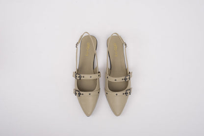 Aerial shot of womens large size beige leather flat slingback shoes in sizes 8 9 10 11 12