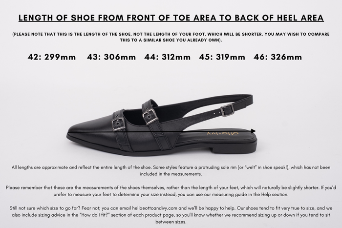 Measurement diagram of Taylor slingback displaying lengths of shoes size 42 43 44 45 46