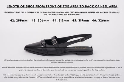 Measurement diagram of Taylor slingback displaying lengths of shoes size 42 43 44 45 46
