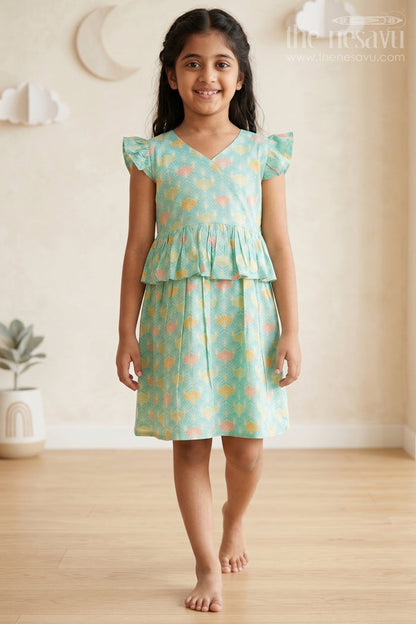 The Nesavu Girls Cotton Frock Teal Floral Printed Cotton Frock for Girls Nesavu 16 (1Y) / Blue GFC1336B-16 Teal Floral Printed Cotton Frock for Girls - Cute & Comfortable | The Nesavu