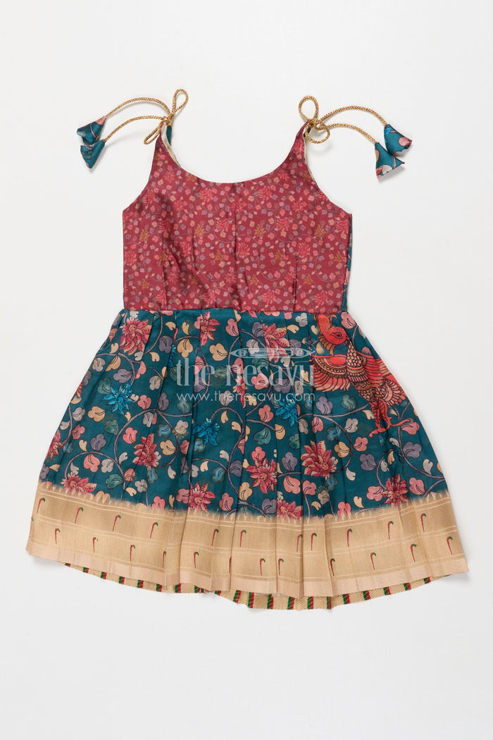 The Nesavu Tie-up Frock Tie-up Frock for Baby Girls with Digital Print for Weddings and Festive Events Nesavu 20 (3Y) / Green / Style 2 T418B-20 Nesavu baby girl tie-up silk frock with peacock and floral digital print – perfect for weddings and festive wear