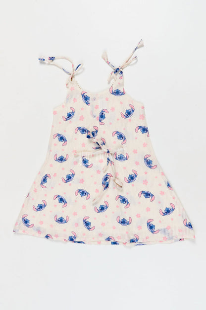 The Nesavu Tie-up Frock Tie-up Shoulder Frock for Toddler Girls with Playful Cartoon Print Nesavu 18 (2Y) / Half white / Georgette T423A-18 Nesavu georgette tie-up frock for toddler girls with cartoon print and flared fit