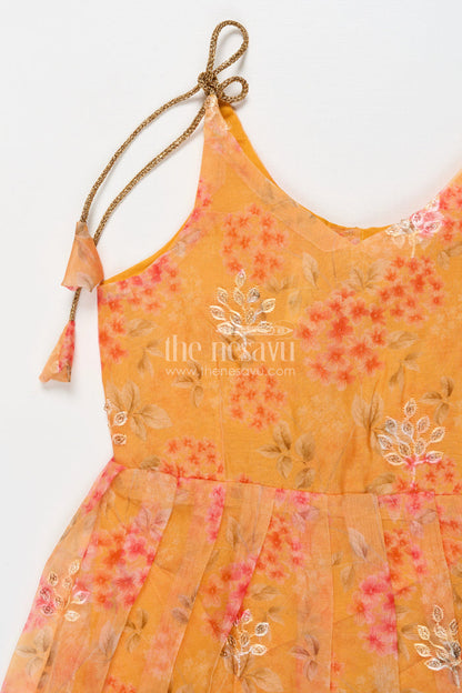 The Nesavu Tie-up Frock Tie-up Silk Frock for Baby Girls for Ethnic Day and Festive Playwear Nesavu Nesavu semi Banaras tie-up silk frock with floral digital print – great for ethnic day and casual celebrations