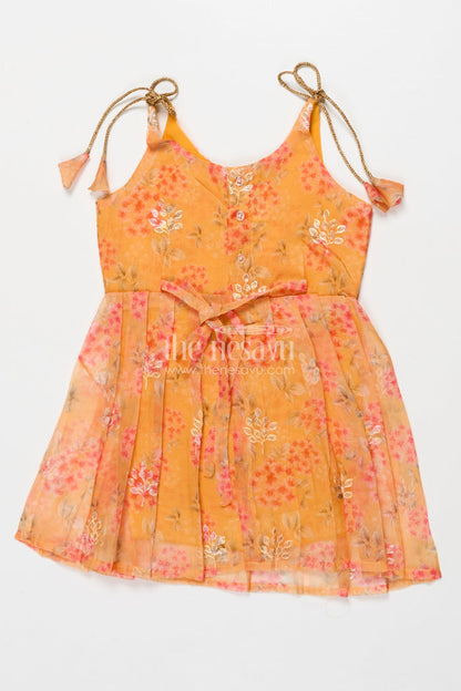 The Nesavu Tie-up Frock Tie-up Silk Frock for Baby Girls for Ethnic Day and Festive Playwear Nesavu Nesavu semi Banaras tie-up silk frock with floral digital print – great for ethnic day and casual celebrations