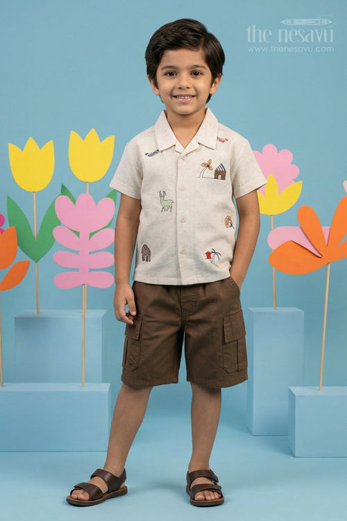 The Nesavu Boys Casual Set Toddler Boy Casual Outfit Set for Everyday Play Nesavu 14 (6M) / Half white / Cotton BCS572A-14 Nesavu toddler boy cotton casual outfit set for everyday play and outings with digital print shirt and cargo shorts