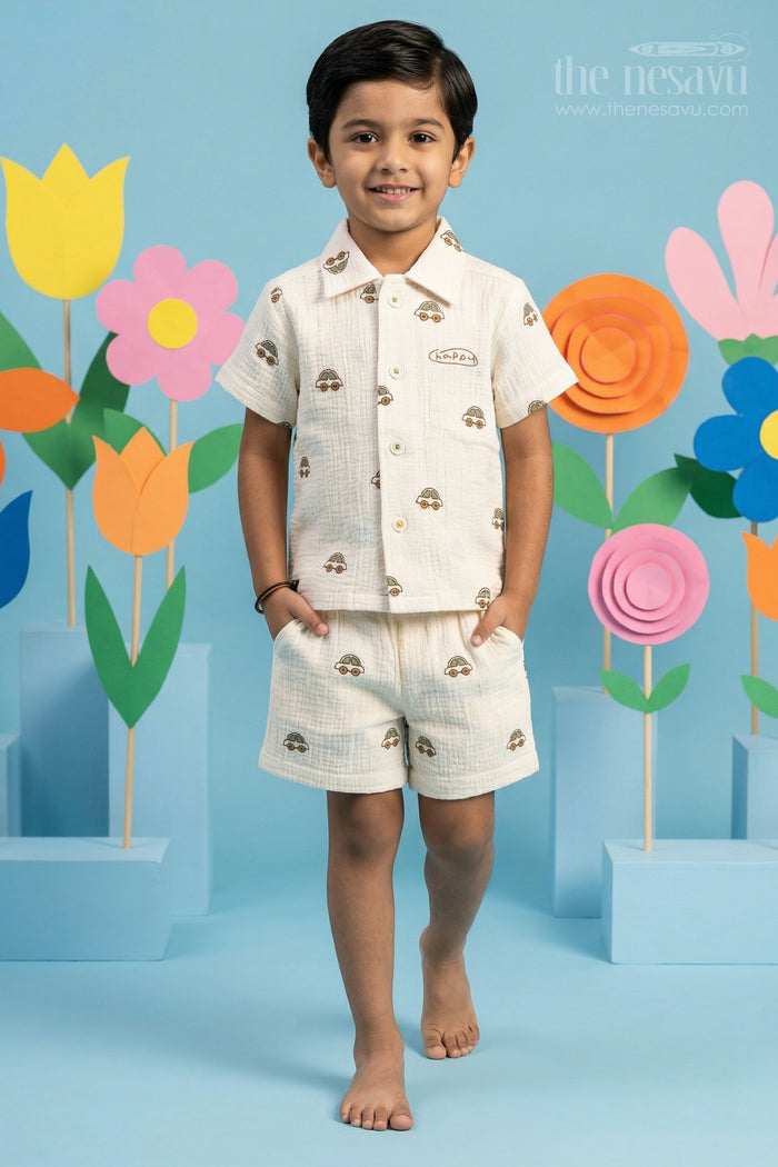 The Nesavu Boys Casual Set Toddler Boy Casual Outfit Set for Summer Play and Daily Wear Nesavu 10 (NB) / Half white / Muslin Cotton BCS574B-10 Nesavu toddler boy muslin cotton casual outfit set for everyday play and summer outings with digital print shirt