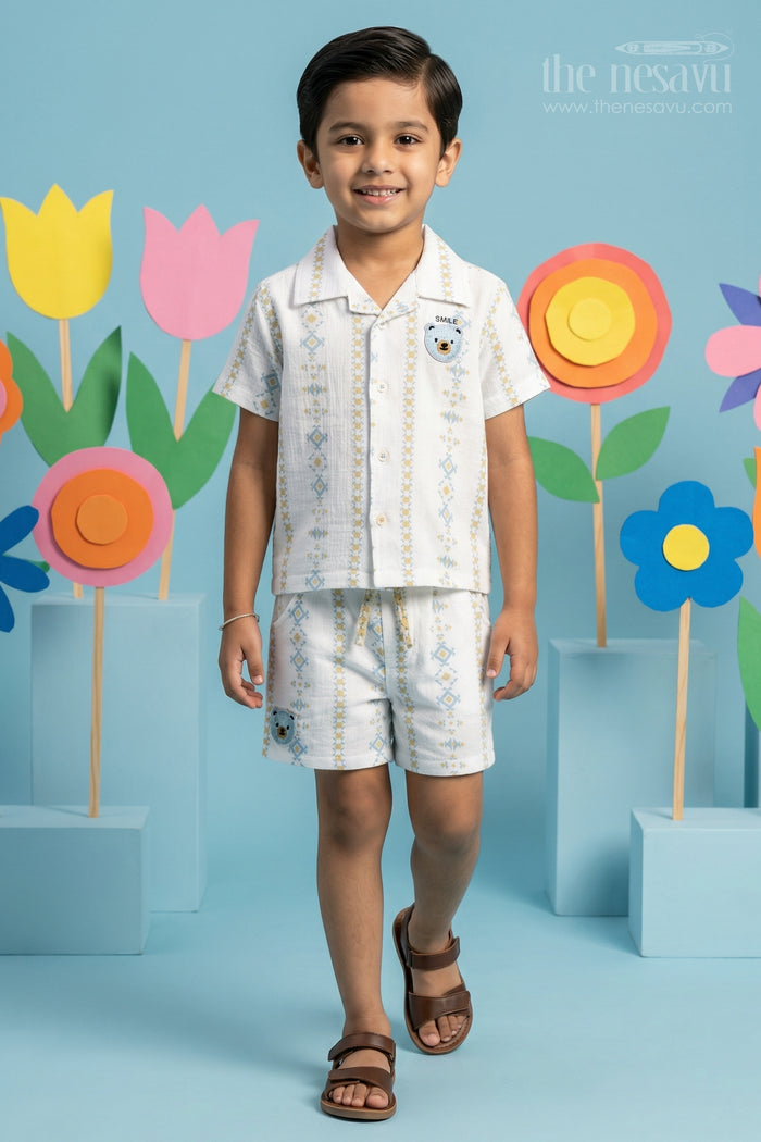 The Nesavu Boys Casual Set Toddler Boy Casual Summer Outfit Set for Everyday Comfort and Play Nesavu 10 (NB) / Half white / Muslin Cotton BCS573B-10 Nesavu toddler boy muslin cotton casual outfit set for everyday summer play and outings with digital print