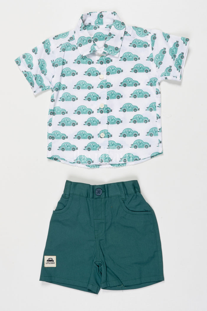 The Nesavu Boys Casual Set Toddler Boy Cotton Outfit Set for Everyday Wear and Playdates Nesavu 12 (3M) / Green BCS540A-12 Nesavu toddler boy cotton outfit printed shirt shorts casual everyday wear