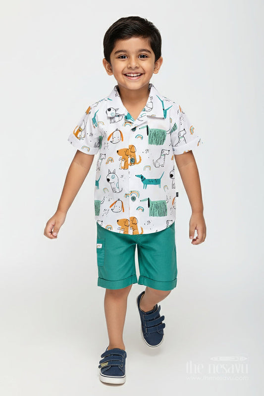 The Nesavu Boys Casual Set Toddler Boy Cotton Outfit with Animal Print for Summer Nesavu 12 (3M) / Green BCS342B-12 Nesavu Toddler Boys Summer Cotton Shirt Shorts Set Animal Print Breathable Fabric