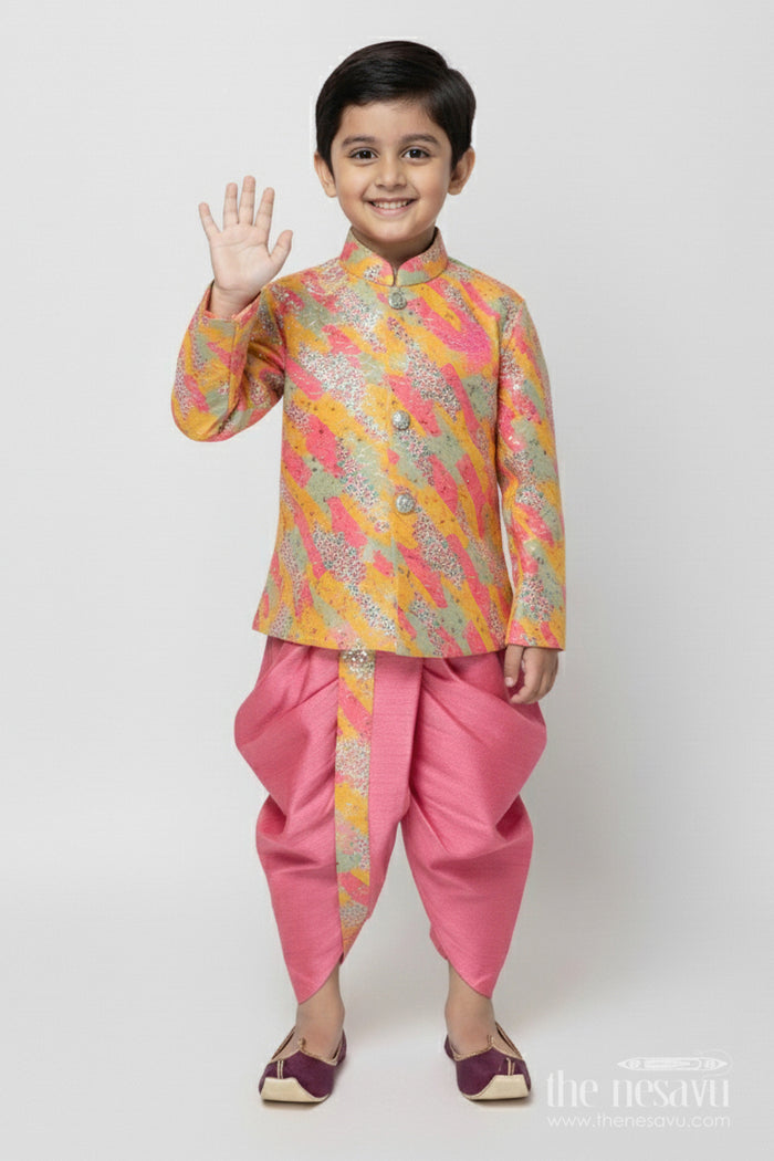 The Nesavu Boys Dothi Set Toddler Boy Dhoti Kurta Set for Traditional Family Occasions Nesavu 12 (3M) / Yellow BES942A-12 Nesavu toddler boy dhoti kurta set for birthdays and family festive gatherings