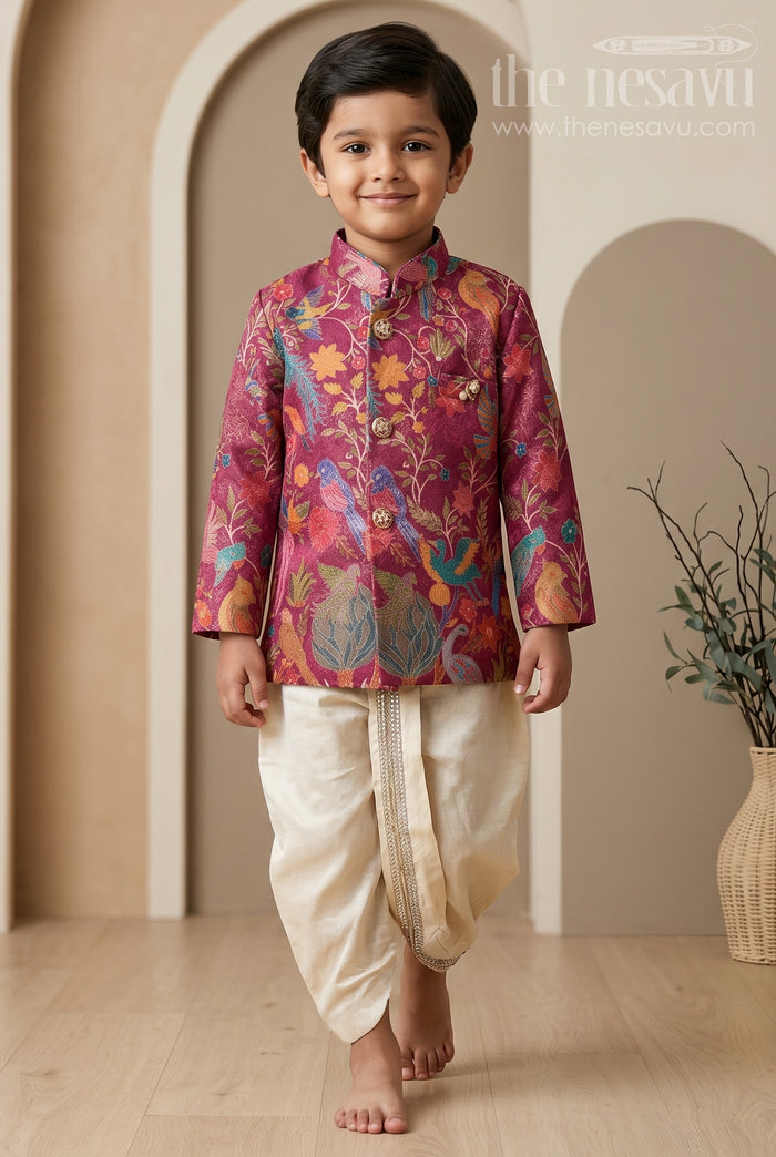 The Nesavu Boys Sherwani Toddler Boy Sherwani Set for Festive Occasions and Weddings Nesavu 14 (6M) / Red / Viscose BES1027B-14 Nesavu Toddler Boy Sherwani Set With Jacquard Designer Print For Festive Weddings And Functions