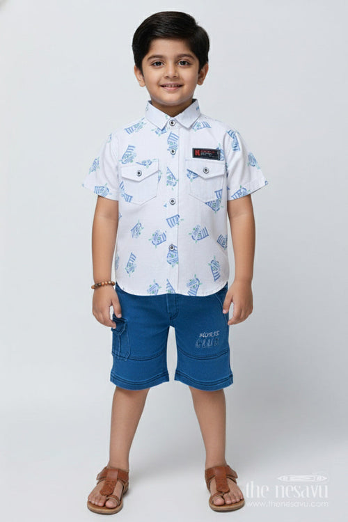 The Nesavu Boys Casual Set Toddler Boys Animal Print Casual Set for Summer Park Outings Nesavu 14 (6M) / White BCS500B-14 Nesavu toddler boys animal print cotton casual set summer outings playful days