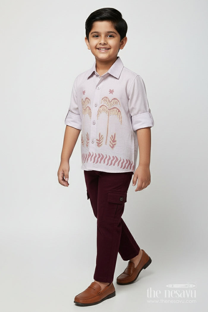 The Nesavu Boys Casual Set Toddler Boys Casual Cotton Outfit with Embroidery for Everyday Style Nesavu 16 (1Y) / Peach BCS494B-16 Nesavu toddler boys cotton blend casual outfit palm embroidery all-day comfort