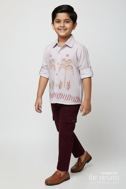 The Nesavu Boys Casual Set Toddler Boys Casual Cotton Outfit with Embroidery for Everyday Style Nesavu 16 (1Y) / Peach BCS494B-16 Nesavu toddler boys cotton blend casual outfit palm embroidery all-day comfort