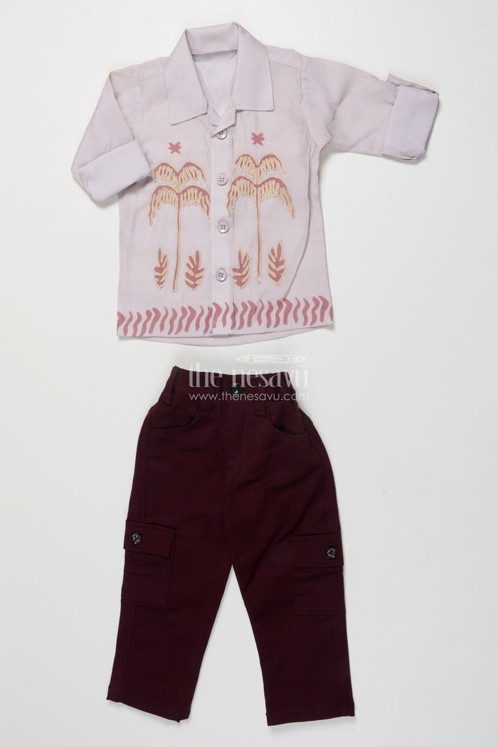The Nesavu Boys Casual Set Toddler Boys Casual Cotton Outfit with Embroidery for Everyday Style Nesavu 16 (1Y) / Peach BCS494B-16 Nesavu toddler boys cotton blend casual outfit palm embroidery all-day comfort