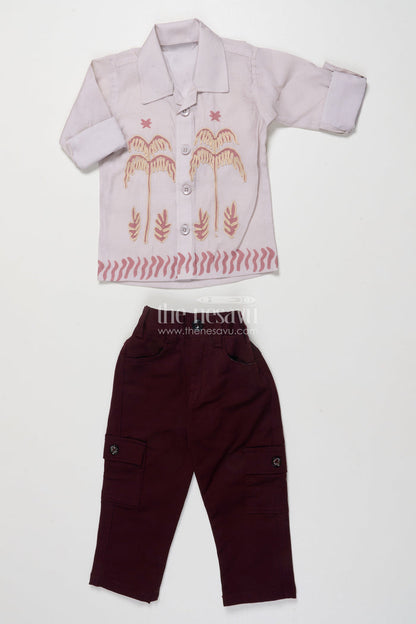 The Nesavu Boys Casual Set Toddler Boys Casual Cotton Outfit with Embroidery for Everyday Style Nesavu 16 (1Y) / Peach BCS494B-16 Nesavu toddler boys cotton blend casual outfit palm embroidery all-day comfort