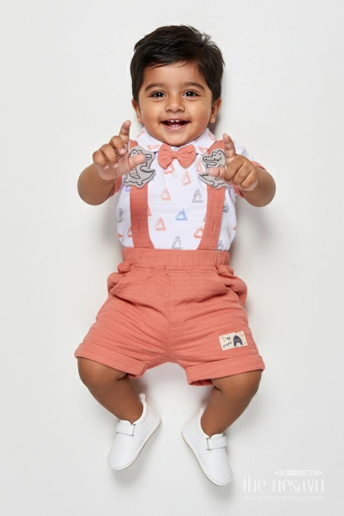 The Nesavu Boys Casual Set Toddler Boys Casual Cotton Outfit with Printed Tee and Shorts Nesavu 14 (6M) / Peach BCS537B-14 Nesavu toddler boys printed cotton t-shirt shorts outfit everyday comfort active play