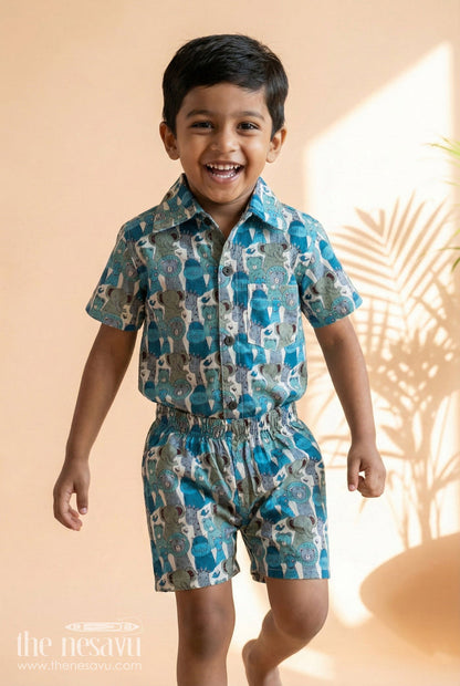The Nesavu Boys Casual Set Toddler Boys Cotton Set with Jungle Animal Print for Casual Wear Nesavu 16 (1Y) / Multicolor BCS552A-16 Nesavu toddler boys cotton outfit with jungle animal print – breathable casual wear set