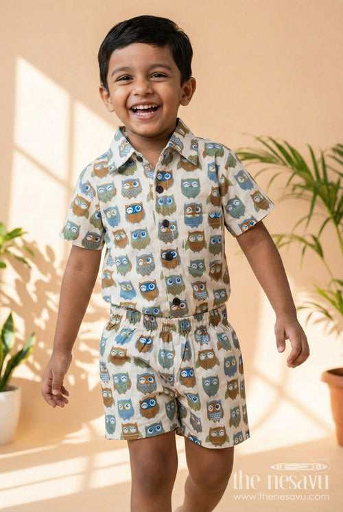 The Nesavu Boys Casual Set Toddler Boys Cotton Set with Quirky Owl Print for Casual Days Nesavu 16 (1Y) / Multicolor BCS547A-16 Nesavu cotton casual outfit for toddler boys with quirky owl print – breathable and playful wear