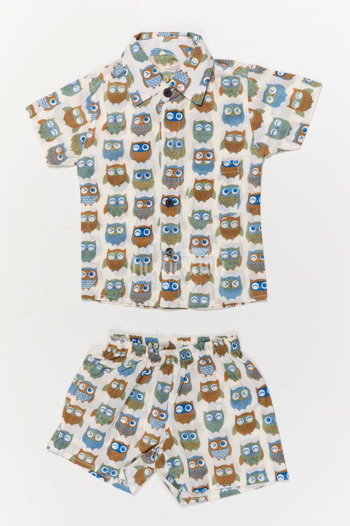 The Nesavu Boys Casual Set Toddler Boys Cotton Set with Quirky Owl Print for Casual Days Nesavu 16 (1Y) / Multicolor BCS547A-16 Nesavu cotton casual outfit for toddler boys with quirky owl print – breathable and playful wear