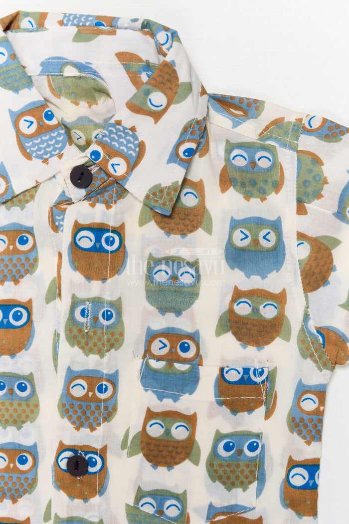 The Nesavu Boys Casual Set Toddler Boys Cotton Set with Quirky Owl Print for Casual Days Nesavu Nesavu cotton casual outfit for toddler boys with quirky owl print – breathable and playful wear