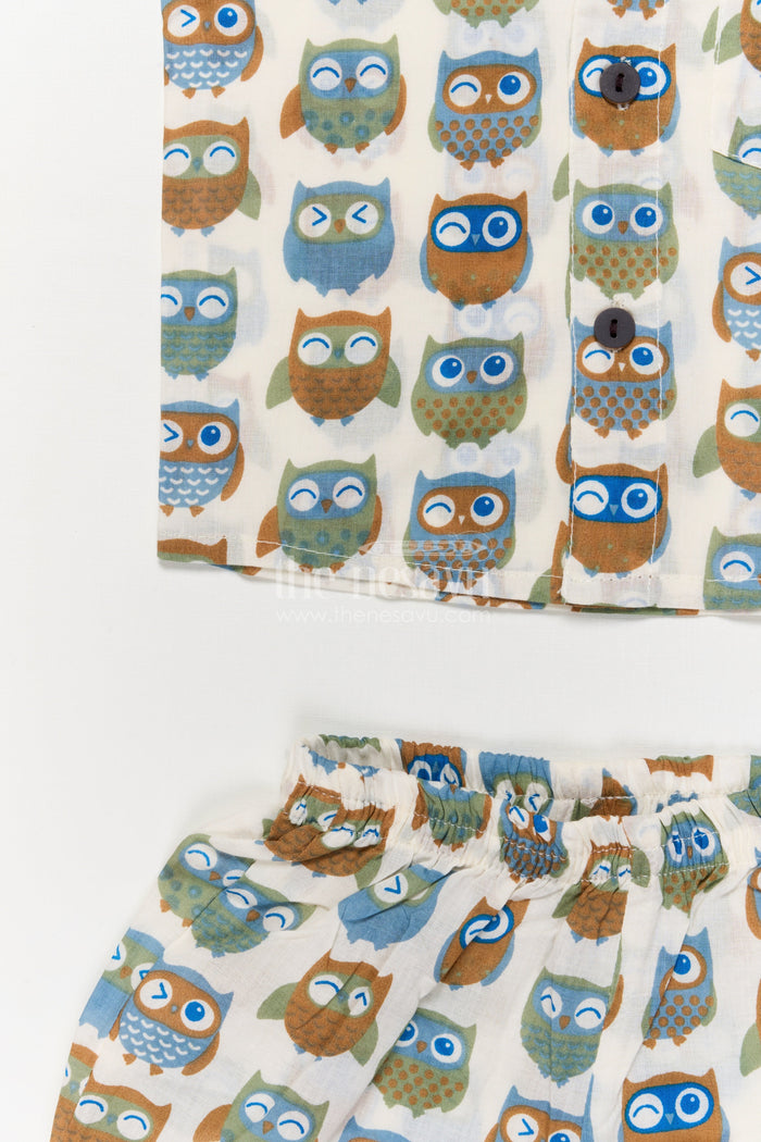 The Nesavu Boys Casual Set Toddler Boys Cotton Set with Quirky Owl Print for Casual Days Nesavu Nesavu cotton casual outfit for toddler boys with quirky owl print – breathable and playful wear