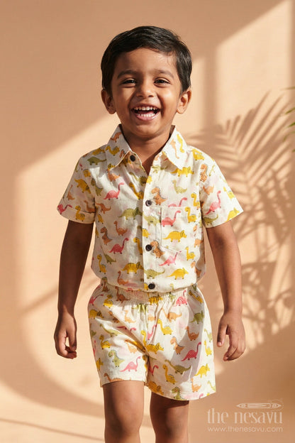 The Nesavu Boys Casual Set Toddler Boys Dinosaur Print Cotton Outfit for Casual Wear Nesavu Nesavu cotton casual outfit for toddler boys with dinosaur print – breathable and playful wear