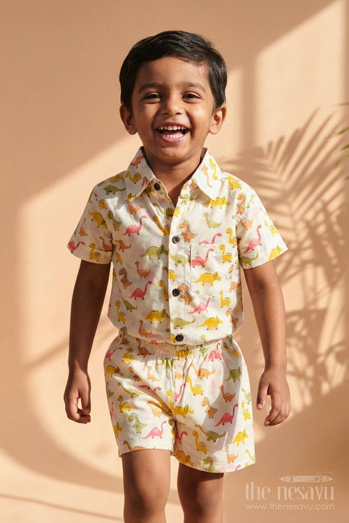 The Nesavu Boys Casual Set Toddler Boys Dinosaur Print Cotton Outfit for Casual Wear Nesavu Nesavu cotton casual outfit for toddler boys with dinosaur print – breathable and playful wear