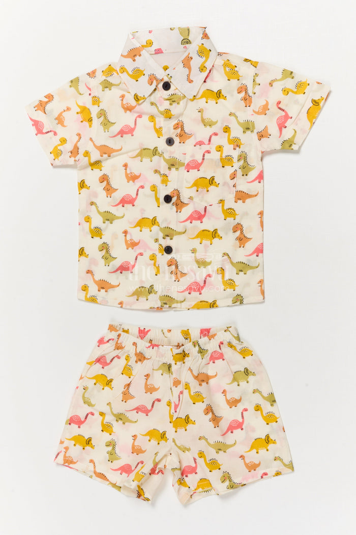 The Nesavu Boys Casual Set Toddler Boys Dinosaur Print Cotton Outfit for Casual Wear Nesavu 16 (1Y) / Multicolor BCS269C-16 Nesavu cotton casual outfit for toddler boys with dinosaur print – breathable and playful wear