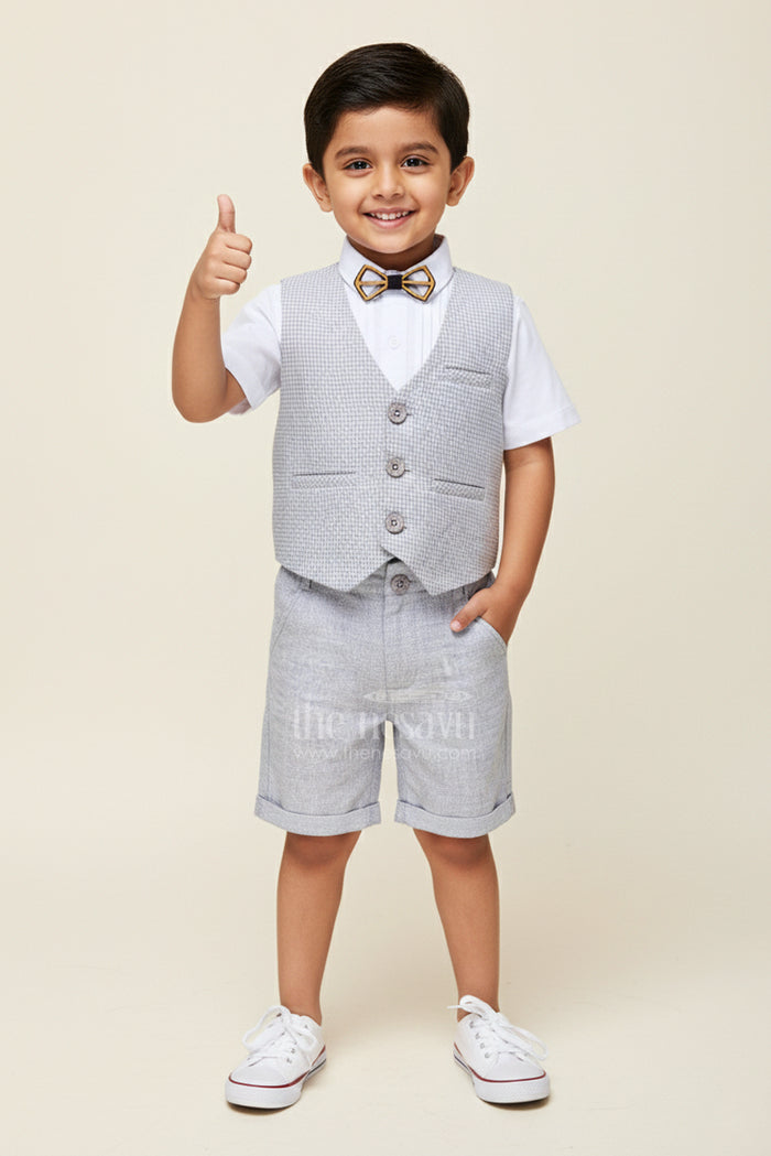 The Nesavu Boys Casual Set Toddler Boys Formal Cotton Set with Checked Jacket and Bow Tie Nesavu 16 (1Y) / Gray BCS375A-16 Nesavu toddler boys cotton shirt, checked jacket, and shorts set with bow tie