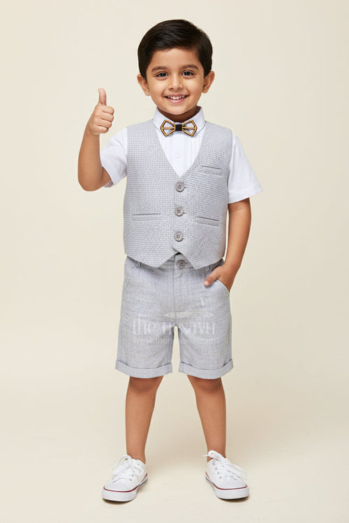 The Nesavu Boys Casual Set Toddler Boys Formal Cotton Set with Checked Jacket and Bow Tie Nesavu 16 (1Y) / Gray BCS375A-16 Nesavu toddler boys cotton shirt, checked jacket, and shorts set with bow tie