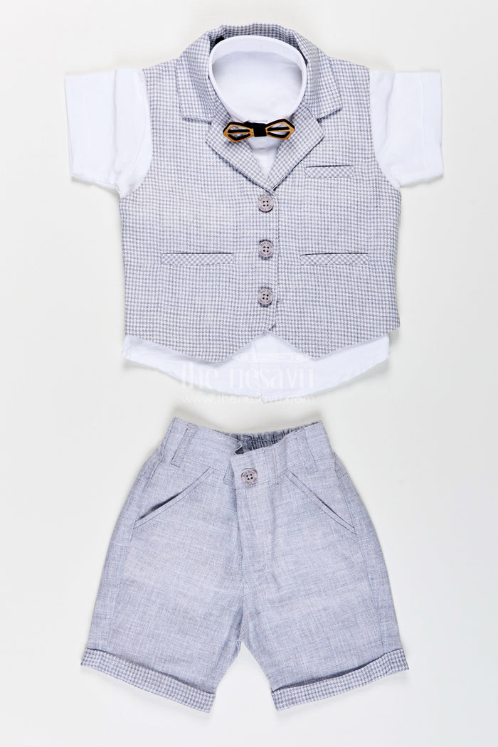 The Nesavu Boys Casual Set Toddler Boys Formal Cotton Set with Checked Jacket and Bow Tie Nesavu Nesavu toddler boys cotton shirt, checked jacket, and shorts set with bow tie