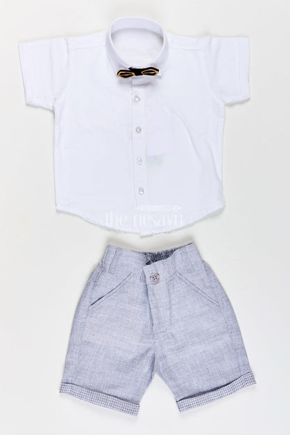 The Nesavu Boys Casual Set Toddler Boys Formal Cotton Set with Checked Jacket and Bow Tie Nesavu Nesavu toddler boys cotton shirt, checked jacket, and shorts set with bow tie