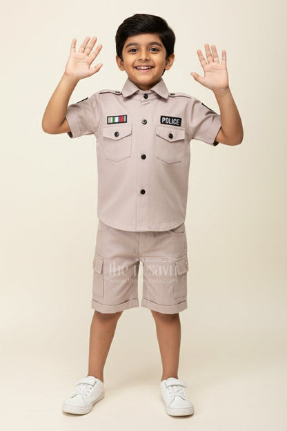The Nesavu Boys Casual Set Toddler Boys Police Uniform Cotton Shirt and Shorts Set with Cap Nesavu 14 (6M) / Green BCS384A-14 Nesavu toddler boys cotton police uniform style shirt, shorts, and cap set